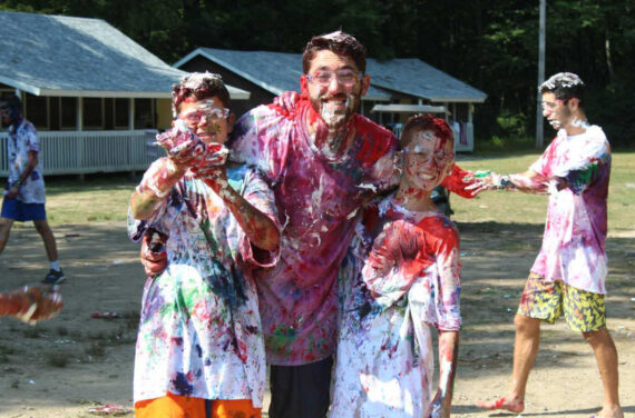 A Cedar Lake staff member and two campers on Messy Day.